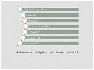 Lógico-matemática
Espacial
Musical
Corporal-cinestésica
Linguística
Intrapessoal
Interpessoal
- Refere ainda a inteligência naturalista e a existencial.
 