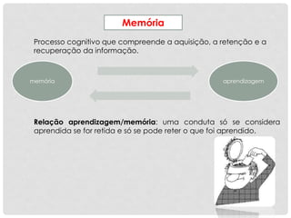 Memória
Processo cognitivo que compreende a aquisição, a retenção e a
recuperação da informação.
memória aprendizagem
Relação aprendizagem/memória: uma conduta só se considera
aprendida se for retida e só se pode reter o que foi aprendido.
 