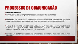 PROCESSOS DE COMUNICAÇÃO
• PROCESSO DE COMUNICAÇÃO
• PARA QUE HAJA COMUNICAÇÃO SÃO NECESSÁRIOS SEGUINTES ELEMENTOS:
• MENSAGEM- É O CONTEÚDO DA COMUNICAÇÃO CONSTITUÍDA POR UM CONJUNTO DE SINAIS COM
SIGNIFICADO (CÓDIGO) QUE TRADUZ UMA IDEIA, SENTIMENTOS OU EXPERIÊNCIA; (O QUÊ)
• CANAL- É O SUPORTE QUE SERVE DE VEÍCULO A UMA MENSAGEM:O CANAL VULGARMENTE
UTILIZADO NA COMUNICAÇÃO FACE A FACE É O AR, MAS EXISTEM OUTROS, COMO O TELEFONE,A
RÁDIO, A TELEVISÃO, O LIVRO, A CARTA… (POR QUE MEIO);
• INFORMAÇÃO DE RETORNO (FEEDBACK)- É A RESPOSTA RECEPTOR À MENSAGEM ENVIADA PELO
EMISSOR;
 