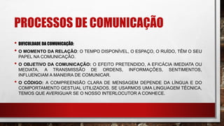 PROCESSOS DE COMUNICAÇÃO
• DIFICULDADE DA COMUNICAÇÃO:
• O MOMENTO DA RELAÇÃO: O TEMPO DISPONÍVEL, O ESPAÇO, O RUÍDO, TÊM O SEU
PAPEL NA COMUNICAÇÃO.
• O OBJETIVO DA COMUNICAÇÃO: O EFEITO PRETENDIDO, A EFICÁCIA IMEDIATA OU
MEDIATA, A TRANSMISSÃO DE ORDENS, INFORMAÇÕES, SENTIMENTOS,
INFLUENCIAM A MANEIRA DE COMUNICAR.
• O CÓDIGO: A COMPREENSÃO CLARA DE MENSAGEM DEPENDE DA LÍNGUA E DO
COMPORTAMENTO GESTUAL UTILIZADOS. SE USARMOS UMA LINGUAGEM TÉCNICA,
TEMOS QUE AVERIGUAR SE O NOSSO INTERLOCUTOR A CONHECE.
 