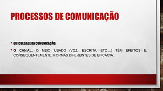PROCESSOS DE COMUNICAÇÃO
• DIFICULDADE DA COMUNICAÇÃO:
• O CANAL: O MEIO USADO (VOZ, ESCRITA, ETC…) TÊM EFEITOS E,
CONSEQUENTEMENTE, FORMAS DIFERENTES DE EFICÁCIA.
 