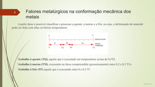 4

Fatores metalúrgicos na conformação mecânica dos
metais

A partir disso é possível classificar o processo a quente, a morno e a frio, ou seja, a deformação do material
pode ser feita com altas ou baixas temperaturas.

trabalho à quente (TQ), aquele que é executado em temperaturas acima de 0,5Tf;
trabalho à morno (TM), executado na faixa compreendida (grosseiramente) entre 0,3 e 0,5 Tf e
trabalho à frio (TF) aquele que é executado entre 0 e 0,3 Tf .

Colégio Eniac

 