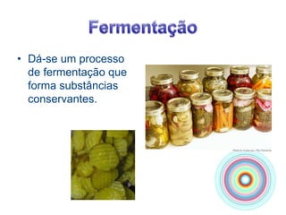FermentaçãoDá-se um processo de fermentação que forma substâncias conservantes.