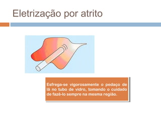 Eletrização por atrito




        Esfrega-se vigorosamente o pedaço de
         Esfrega-se vigorosamente o pedaço de
        lã no tubo de vidro, tomando o cuidado
         lã no tubo de vidro, tomando o cuidado
        de fazê-lo sempre na mesma região.
         de fazê-lo sempre na mesma região.
 