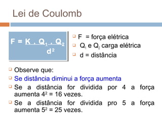 Lei de Coulomb

                           F = força elétrica
F = K .. Q 11 .. Q 22
F = K Q          Q         Q1 e Q2 carga elétrica
            d 22
             d             d = distância

   Observe que:
   Se distância diminui a força aumenta
   Se a distância for dividida por 4 a força
    aumenta 42 = 16 vezes.
   Se a distância for dividida pro 5 a força
    aumenta 52 = 25 vezes.
 