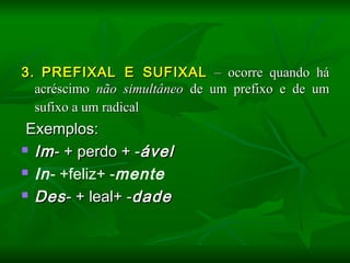 3.3. PREFIXAL E SUFIXALPREFIXAL E SUFIXAL – ocorre quando há– ocorre quando há
acréscimoacréscimo não simultâneonão simultâneo de um prefixo e de umde um prefixo e de um
sufixo a um radicalsufixo a um radical
  Exemplos:Exemplos:
 ImIm- + perdo + -- + perdo + -ávelável
 In- +feliz+ -mente
 DesDes- + leal+ -- + leal+ -dadedade
 