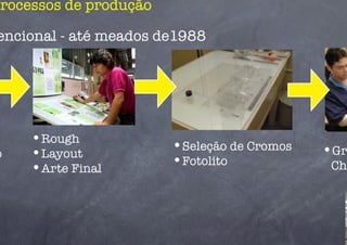 processos de produção

encional - até meados de1988




     •  ough
      R
                         •  eleção de Cromos
                          S
o
   •  ayout
      L                                         •  r
                                                 G
     •  rte Final
      A
                         •  otolito
                          F                      Cha
 