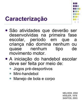 Caracterização São atividades que deverão ser desenvolvidas na primeira fase escolar, período em que a criança não domina nenhum ou quase nenhum tipo de movimento motor. A iniciação do handebol escolar deve ser feita por meio de: Jogos pré-desportivos Mini-handebol Manejo de bola e corpo MELHEM, 2002 KÄSLER, 1978 SANTOS, 2003 
