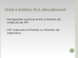 ONDE A ENERGIA FICA ARMAZENADA? Nas ligações químicas entre os fosfatos da molécula de ATP. ATP: Adenosina Tri-fosfato ou Trifosfato de Adenosina. 