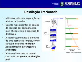 QUÍMICA - 1° Ano
Processos de separação de misturas
Destilação Fracionada
• Método usado para separação de
mistura de líquidos.
• Quanto mais distantes os pontos
de ebulição dos componentes,
mais eficiente será o processo de
destilação.
• A aparelhagem usada é a mesma
de uma destilação simples, com o
acréscimo de uma coluna de
fracionamento, destilação ou
retificação.
• A separação ocorre na ordem
crescente dos pontos de ebulição
(PE).
Imagem: U.m / Public Domain.
 