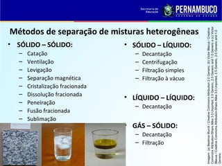 QUÍMICA - 1° Ano
Processos de separação de misturas
Métodos de separação de misturas heterogêneas
• SÓLIDO – SÓLIDO:
– Catação
– Ventilação
– Levigação
– Separação magnética
– Cristalização fracionada
– Dissolução fracionada
– Peneiração
– Fusão fracionada
– Sublimação
• SÓLIDO – LÍQUIDO:
– Decantação
– Centrifugação
– Filtração simples
– Filtração à vácuo
• LÍQUIDO – LÍQUIDO:
– Decantação
• GÁS – SÓLIDO:
– Decantação
– Filtração
Imagem:(a)BeatriceMurch/CreativeCommonsAttribution2.0Generic,(b)VictorBlacus/Creative
CommonsAttribution-ShareAlike3.0Unported,2.5Generic,2.0Genericand1.0Generice(c)Victor
Blacus/CreativeCommonsAttribution-ShareAlike3.0Unported,2.5Generic,2.0Genericand1.0
Generic.
 