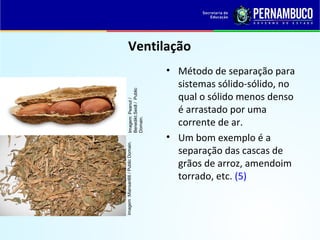 QUÍMICA - 1° Ano
Processos de separação de misturas
Ventilação
• Método de separação para
sistemas sólido-sólido, no
qual o sólido menos denso
é arrastado por uma
corrente de ar.
• Um bom exemplo é a
separação das cascas de
grãos de arroz, amendoim
torrado, etc. (5)
Imagem:Miansari66/PublicDomain.Imagem:Peanut/
Benedikt.Seidl/Public
Domain.
 