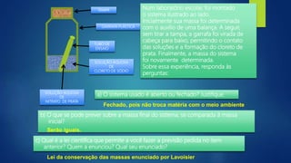 TAMPA
TUBO DE
ENSAIO
SOLUÇÃO AQUOSA
DE
CLORETO DE SÓDIO
SOLUÇÃO AQUOSA
DE
NITRATO DE PRATA
GARRAFA PLÁSTICA
Num laboratório escolar, foi montado
o sistema ilustrado ao lado.
Inicialmente sua massa foi determinada
com o auxílio de uma balança. A seguir,
sem tirar a tampa, a garrafa foi virada de
cabeça para baixo, permitindo o contato
das soluções e a formação do cloreto de
prata. Finalmente, a massa do sistema
foi novamente determinada.
Sobre essa experiência, responda às
perguntas:
a) O sistema usado é aberto ou fechado? Justifique.
b) O que se pode prever sobre a massa final do sistema, se comparada à massa
inicial?
c) Qual é a lei científica que permite a você fazer a previsão pedida no item
anterior? Quem a enunciou? Qual seu enunciado?
Fechado, pois não troca matéria com o meio ambiente
Serão iguais.
Lei da conservação das massas enunciado por Lavoisier
 