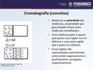 QUÍMICA - 1° Ano
Processos de separação de misturas
Cromatografia (conceitos)
• Baseia-se na polaridade das
moléculas, propriedade que
gera atração mútua entre
moléculas semelhantes.
• Uma molécula polar é aquela
que possui uma região rica em
elétrons e uma outra região
que é pobre em elétrons.
• Essas regiões são
representadas normalmente
como sendo negativamente e
positivamente carregadas,
respectivamente.
Imagem: Armando-Martin / GNU Free
Documentation License.
 