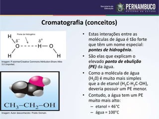QUÍMICA - 1° Ano
Processos de separação de misturas
Cromatografia (conceitos)
• Estas interações entre as
moléculas de água é tão forte
que têm um nome especial:
pontes de hidrogênio.
• São elas que explicam o
elevado ponto de ebulição
(PE) da água.
• Como a molécula de água
(H20) é muito mais simples
que a de etanol (H2C-H2C-OH),
deveria possuir um PE menor.
• Contudo, a água tem um PE
muito mais alto:
– etanol = 46°C
– água = 100°C
Ponte de Hidrogênio
Imagem: P.wormer/Creative Commons Attribution-Share Alike
3.0 Unported.
Imagem: Autor desconhecido / Public Domain.
 