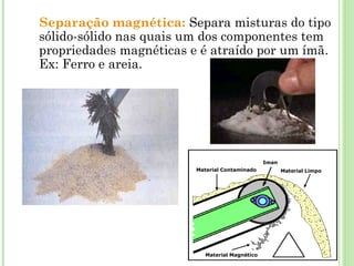 Separação magnética: Separa misturas do tipo
sólido-sólido nas quais um dos componentes tem
propriedades magnéticas e é atraído por um ímã.
Ex: Ferro e areia.
Material Magnético
Material Limpo
Material Contaminado
Iman
 