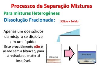 Processos de Separação Misturas
Para misturas Heterogêneas
Dissolução Fracionada:
Apenas um dos sólidos
da mistura se dissolve
em um líquido.
Esse procedimento não é
usado sem a filtração, para
a retirada do material
insolúvel.
Sólido + Sólido
 