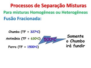 Chumbo (TF = 327oC)
Antimônio (TF = 630oC)
Ferro (TF = 1500oC)
500oC
Somente
o Chumbo
irá fundir
Processos de Separação Misturas
Para misturas Homogêneas ou Heterogêneas
Fusão Fracionada:
 