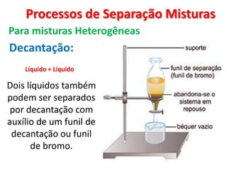 Processos de Separação Misturas Para misturas HeterogêneasDecantação:Líquido + Líquido Dois líquidos também  podem ser separados por decantação com auxílio de um funil de decantação ou funil de bromo.
