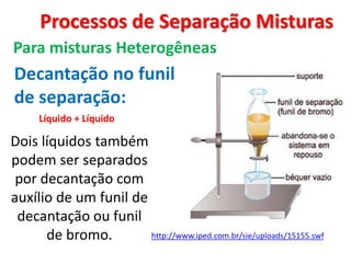 Processos de Separação Misturas
Para misturas Heterogêneas
Decantação no funil
de separação:
Líquido + Líquido
Dois líquidos também
podem ser separados
por decantação com
auxílio de um funil de
decantação ou funil
de bromo. http://www.iped.com.br/sie/uploads/15155.swf
 