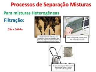 Processos de Separação Misturas
Para misturas Heterogêneas
Filtração:
Gás + Sólido
 