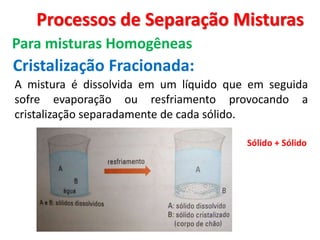 Processos de Separação Misturas
Para misturas Homogêneas
Cristalização Fracionada:
A mistura é dissolvida em um líquido que em seguida
sofre evaporação ou resfriamento provocando a
cristalização separadamente de cada sólido.
Sólido + Sólido
 
