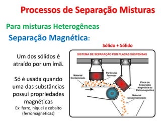 Processos de Separação Misturas
Para misturas Heterogêneas
Separação Magnética:
Um dos sólidos é
atraído por um ímã.
Só é usada quando
uma das substâncias
possui propriedades
magnéticas
Ex: ferro, níquel e cobalto
(ferromagnéticas)
Sólido + Sólido
 