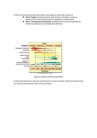 O RUP é estruturado ema duas dimensões, como pode ser observado na Figura 4:
            Eixo X -Tempo: divisão do ciclo de vida em fases e iterações, mostra os
               aspectos do ciclo de vida do processo à medida que se desenvolve.
            Eixo Y - Componentes de processo: produção de um conjunto específico de
               artefatos (produtos) com atividades bem definidas.




                          Figura 4. Rational Unified Process (RUP)

As fases são seqüenciais, cada uma concluída por um marco principal. Cada fase é basicamente
um intervalo de tempo entre dois marcos principais.
 