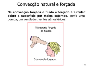 10
Convecção natural e forçada
Na convecção forçada o fluido é forçado a circular
sobre a superfície por meios externos, como uma
bomba, um ventilador, ventos atmosféricos.
Convecção forçada
Transporte forçado
de fluidos
 
