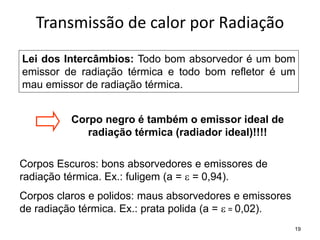Transmissão de calor por Radiação
19
Lei dos Intercâmbios: Todo bom absorvedor é um bom
emissor de radiação térmica e todo bom refletor é um
mau emissor de radiação térmica.
Corpo negro é também o emissor ideal de
radiação térmica (radiador ideal)!!!!
Corpos Escuros: bons absorvedores e emissores de
radiação térmica. Ex.: fuligem (a =  = 0,94).
Corpos claros e polidos: maus absorvedores e emissores
de radiação térmica. Ex.: prata polida (a =  = 0,02).
 