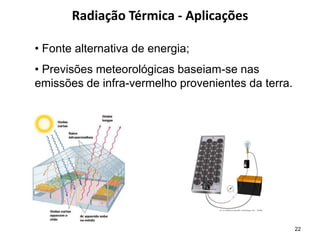 Radiação Térmica - Aplicações
22
• Fonte alternativa de energia;
• Previsões meteorológicas baseiam-se nas
emissões de infra-vermelho provenientes da terra.
 