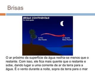 Brisas




O ar próximo da superfície da água resfria-se menos que o
restante. Com isso, ele fica mais quente que o restante e
sobe, dando lugar a uma corrente de ar da terra para a
água. É o vento durante a noite, sopra da terra para o mar
 