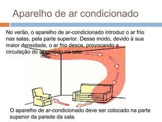 Aparelho de ar condicionado
No verão, o aparelho de ar-condicionado introduz o ar frio
nas salas, pela parte superior. Desse modo, devido à sua
maior densidade, o ar frio desce, provocando a
circulação do ar contido na sala.




 O aparelho de ar-condicionado deve ser colocado na parte
 superior da parede da sala.
 