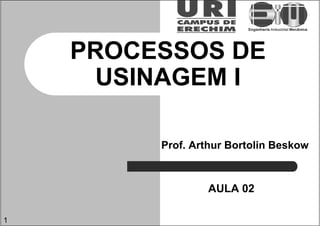 1
PROCESSOS DE
USINAGEM I
Prof. Arthur Bortolin Beskow
AULA 02
 