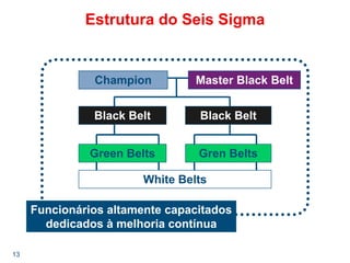 13
Estrutura do Seis Sigma
Champion Master Black Belt
Black Belt Black Belt
Gren BeltsGreen Belts
White Belts
Funcionários altamente capacitados
dedicados à melhoria contínua
 