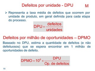 50
Defeitos por unidade - DPU
Representa a taxa média de defeitos que ocorrem por
unidade de produto, em geral definida para cada etapa
do processo.
unidades
defeitos
DPU=
M
Defeitos por milhão de oportunidades – DPMO
Baseado no DPU, estima a quantidade de defeitos (e não
defeituosos) que se espera encontrar em 1 milhão de
oportunidades de defeito.
defeitosdeOp.
DPU
10DPMO 6
×=
 