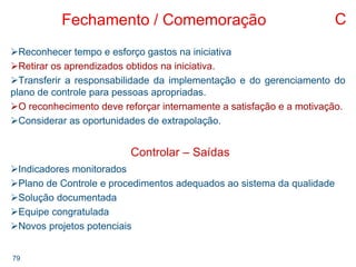 79
Fechamento / Comemoração
Reconhecer tempo e esforço gastos na iniciativa
Retirar os aprendizados obtidos na iniciativa.
Transferir a responsabilidade da implementação e do gerenciamento do
plano de controle para pessoas apropriadas.
O reconhecimento deve reforçar internamente a satisfação e a motivação.
Considerar as oportunidades de extrapolação.
Controlar – Saídas
Indicadores monitorados
Plano de Controle e procedimentos adequados ao sistema da qualidade
Solução documentada
Equipe congratulada
Novos projetos potenciais
C
 