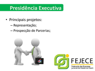 Presidência ExecutivaPrincipais projetos:Representação;Prospecção de Parcerias;
