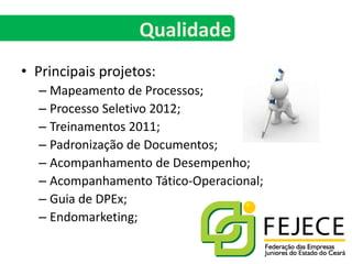 Principais projetos:Mapeamento de Processos;Processo Seletivo 2012;Treinamentos 2011;Padronização de Documentos;Acompanhamento de Desempenho;Acompanhamento Tático-Operacional;Guia de DPEx;Endomarketing;Qualidade