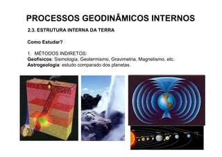 PROCESSOS GEODINÂMICOS INTERNOS
2.3. ESTRUTURA INTERNA DA TERRA

Como Estudar?

1. MÉTODOS INDIRETOS:
Geofísicos: Sismologia, Geotermismo, Gravimetria, Magnetismo, etc.
Astrogeologia: estudo comparado dos planetas.
 