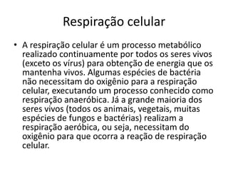 Respiração celularA respiração celular é um processo metabólico realizado continuamente por todos os seres vivos (exceto os vírus) para obtenção de energia que os mantenha vivos. Algumas espécies de bactéria não necessitam do oxigênio para a respiração celular, executando um processo conhecido como respiração anaeróbica. Já a grande maioria dos seres vivos (todos os animais, vegetais, muitas espécies de fungos e bactérias) realizam a respiração aeróbica, ou seja, necessitam do oxigênio para que ocorra a reação de respiração celular.