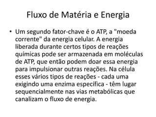 Fluxo de Matéria e EnergiaUm segundo fator-chave é o ATP, a "moeda corrente" da energia celular. A energia liberada durante certos tipos de reações químicas pode ser armazenada em moléculas de ATP, que então podem doar essa energia para impulsionar outras reações. Na célula esses vários tipos de reações - cada uma exigindo uma enzima específica - têm lugar sequencialmentenas vias metabólicas que canalizam o fluxo de energia.