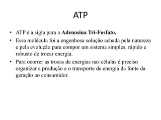 ATPATP é a sigla para a Adenosina Tri-Fosfato.Essa molécula foi a engenhosa solução achada pela natureza e pela evolução para compor um sistema simples, rápido e robusto de trocar energia.Para ocorrer as trocas de energias nas células é preciso organizar a produção e o transporte de energia da fonte da geração ao consumidor. 