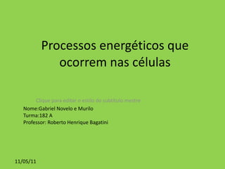 Processos energéticos que ocorrem nas células Nome:Gabriel Novelo e Murilo Turma:182 A Professor: Roberto Henrique Bagatini 