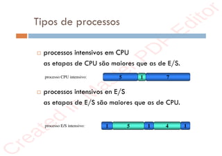 r
e
a
t
e
d
i
n
M
a
s
t
e
r
P
D
F
E
d
i
t
o
r
r
e
a
t
e
d
i
n
M
a
s
t
e
r
P
D
F
E
d
i
t
o
r
Tipos de processos
 processos intensivos em CPU
as etapas de CPU são maiores que as de E/S.
 processos intensivos en E/S
as etapas de E/S são maiores que as de CPU.
processo CPU intensivo: 5 1 7
processo E/S intensivo: 1 5 1 4 1
 