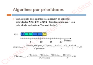 r
e
a
t
e
d
i
n
M
a
s
t
e
r
P
D
F
E
d
i
t
o
r
r
e
a
t
e
d
i
n
M
a
s
t
e
r
P
D
F
E
d
i
t
o
r
Algoritmo por prioridades
CPU A B C
5 10 15 20
Tempo
66
,
4
3
8
0
6
3
)
3
11
(
0
6
º
=
+
+
=
−
+
+
=
+
+
=
processos
n
TEspera
TEspera
TEspera
TEspera C
B
A
medio
10
3
13
6
11
º
Re
Re
Re
Re =
+
+
=
+
+
=
processos
n
torno
T
torno
T
torno
T
torno
T C
B
A
medio
 Vamos supor que os processos possuem as seguintes
prioridades A=5, B=1 e C=6 ( Considerando que 1 é a
prioridade mais alta e 9 a mais baixa).
A
 
