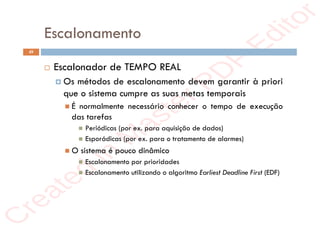 r
e
a
t
e
d
i
n
M
a
s
t
e
r
P
D
F
E
d
i
t
o
r
r
e
a
t
e
d
i
n
M
a
s
t
e
r
P
D
F
E
d
i
t
o
r
Escalonamento
49
 Escalonador de TEMPO REAL
 Os métodos de escalonamento devem garantir à priori
que o sistema cumpre as suas metas temporais
 É normalmente necessário conhecer o tempo de execução
das tarefas
 Periódicas (por ex. para aquisição de dados)
 Esporádicas (por ex. para o tratamento de alarmes)
 O sistema é pouco dinâmico
 Escalonamento por prioridades
 Escalonamento utilizando o algoritmo Earliest Deadline First (EDF)
 