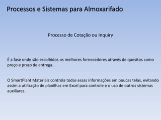 Processos e Sistemas para Almoxarifado
Processo de Cotação ou Inquiry
É a fase onde são escolhidos os melhores fornecedores através de quesitos como
preço e prazo de entrega.
O SmartPlant Materials controla todas essas informações em poucas telas, evitando
assim a utilização de planilhas em Excel para controle e o uso de outros sistemas
auxiliares.
 
