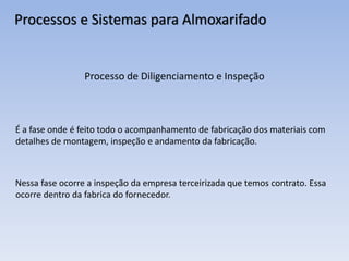 Processos e Sistemas para Almoxarifado
Processo de Diligenciamento e Inspeção
É a fase onde é feito todo o acompanhamento de fabricação dos materiais com
detalhes de montagem, inspeção e andamento da fabricação.
Nessa fase ocorre a inspeção da empresa terceirizada que temos contrato. Essa
ocorre dentro da fabrica do fornecedor.
 