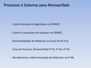 Processos e Sistemas para Almoxarifado
- Como funciona a Engenharia no SPMAT;
- Como é o processo de compras no SPMAT;
- Rastreabilidade de Materiais em prol da IN-513;
- Caso de Sucesso, Almoxarifado P-53, P-55 e P-63;
- Recebimento e Movimentação de Materiais na P-58;
 
